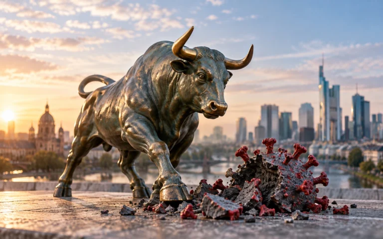 Toro di Borsa e simboli della pandemia, immagine illustrativa