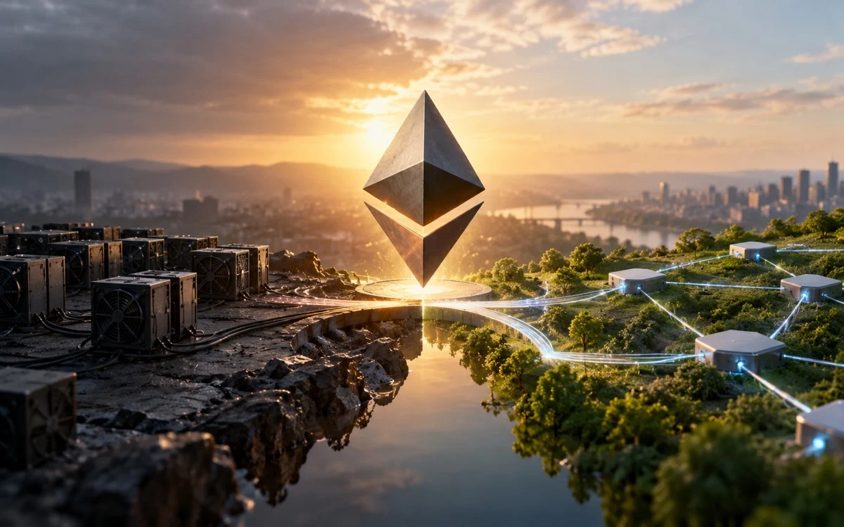 Simbolo Ethereum sopra un paesaggio digitale, immagine illustrativa