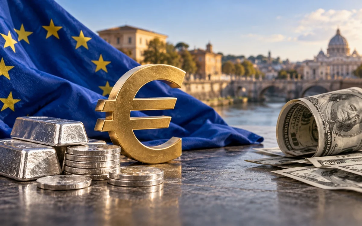Simbolo euro, bandiera europea e metalli, immagine illustrativa