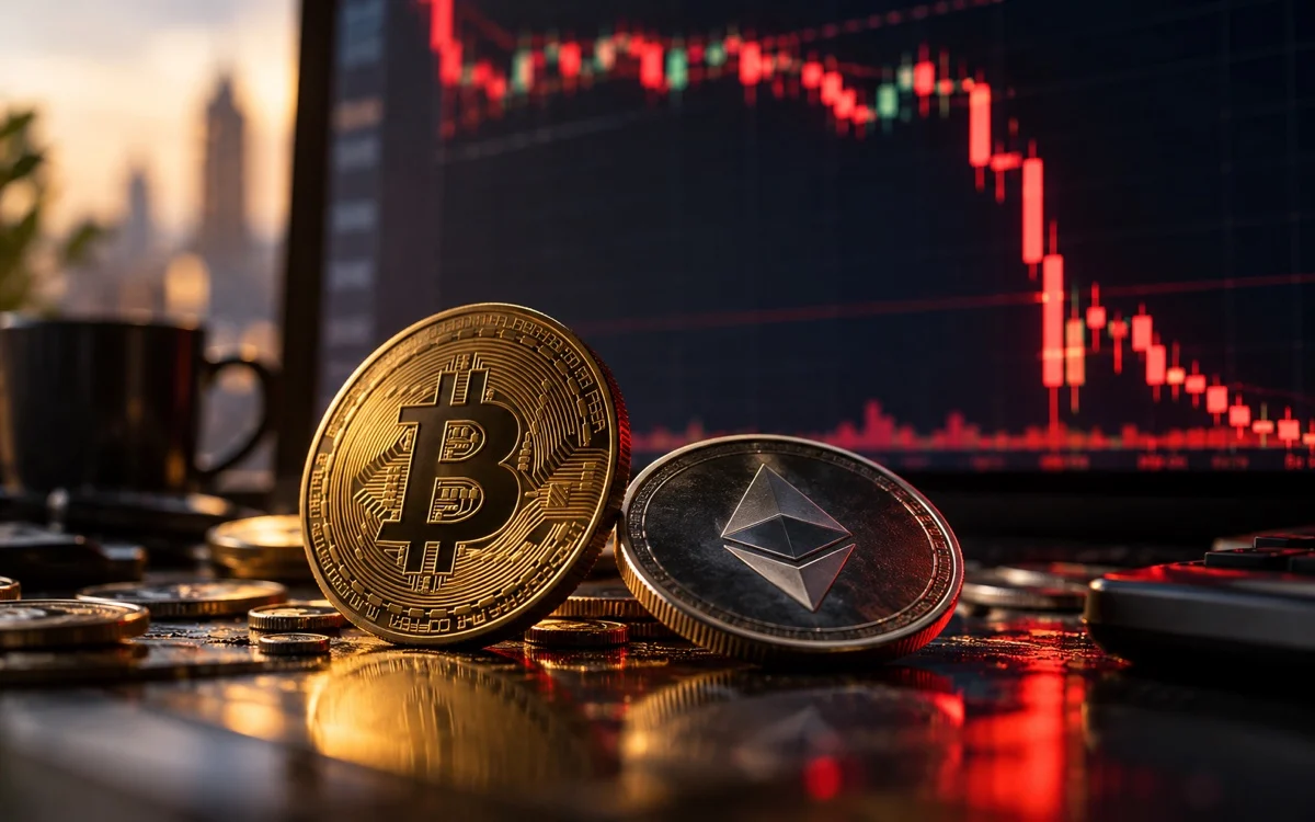 Bitcoin, Ethereum e grafico di mercato in calo, immagine illustrativa