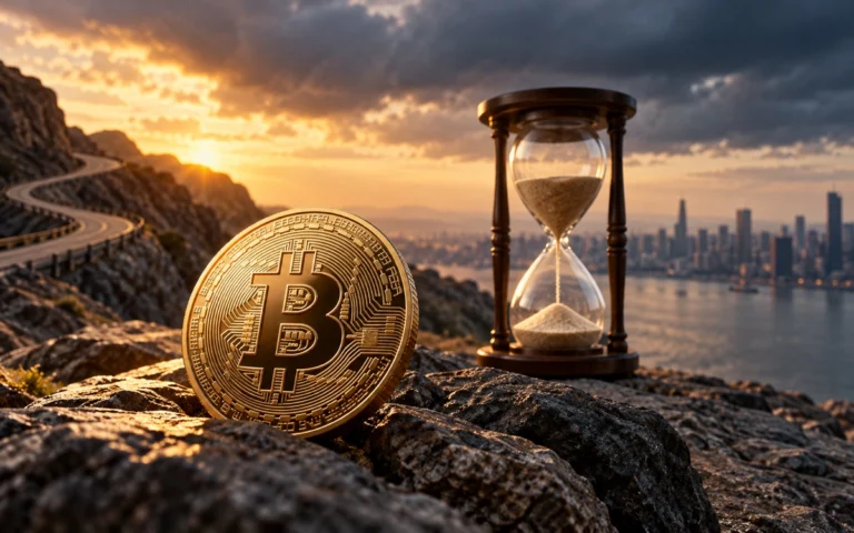 Moneta Bitcoin e clessidra, immagine illustrativa