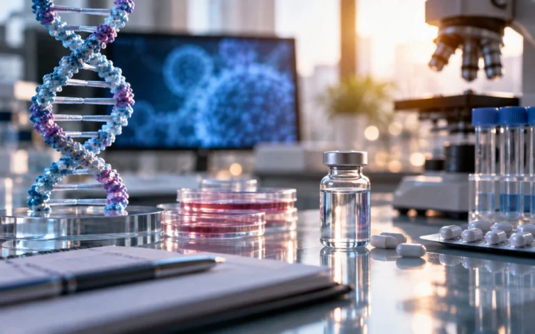 Laboratorio biotecnologico con modello di DNA, immagine illustrativa