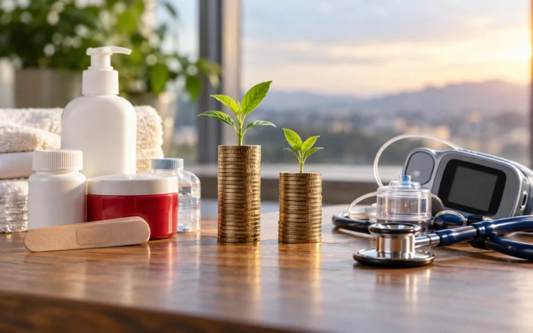Prodotti sanitari e due piante che crescono da pile di monete