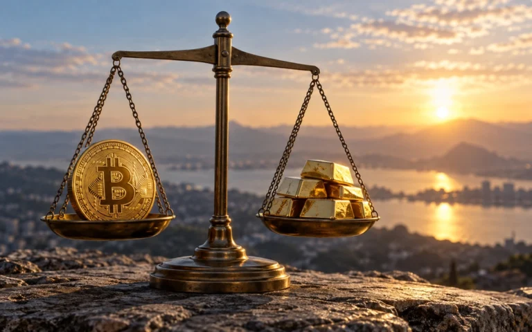 Bilancia con Bitcoin e oro in un paesaggio illustrativo