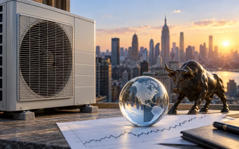 Unità di climatizzazione davanti a una città e grafico illustrativi