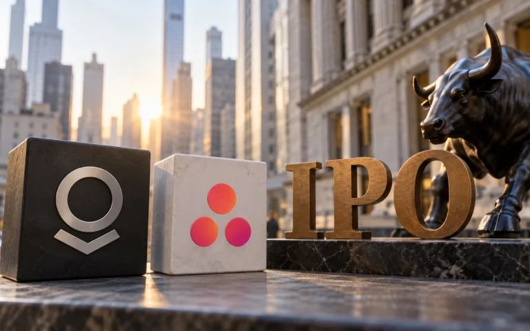 Blocchi con simboli aziendali illustrativi e scritta IPO