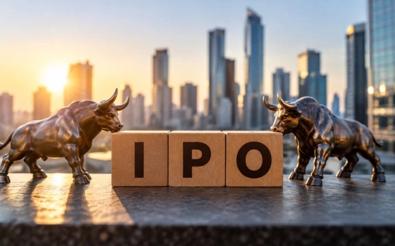 Blocchi IPO tra due figure di toro in una scena illustrativa