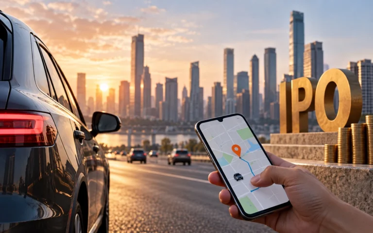 Auto e smartphone accanto a blocchi IPO illustrativi