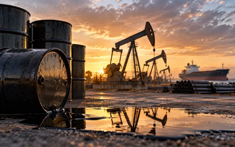 Barili di petrolio e pozzi estrattivi in una scena illustrativa
