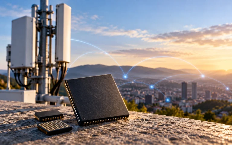 Componenti elettronici davanti a un’antenna 5G