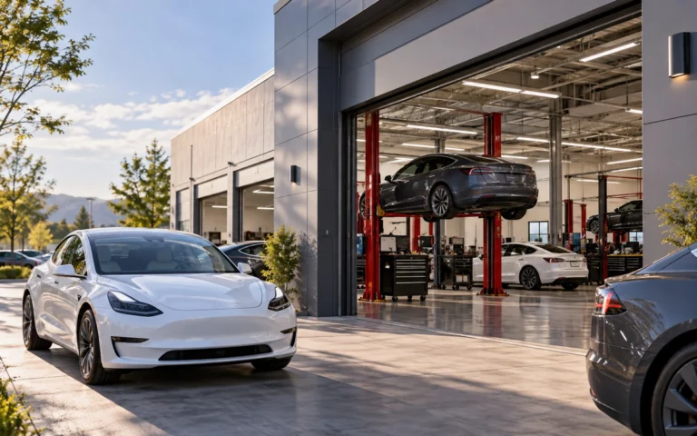 Automobile elettrica illustrativa davanti a un centro di assistenza