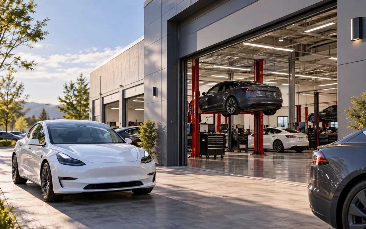 Automobile elettrica illustrativa davanti a un centro di assistenza