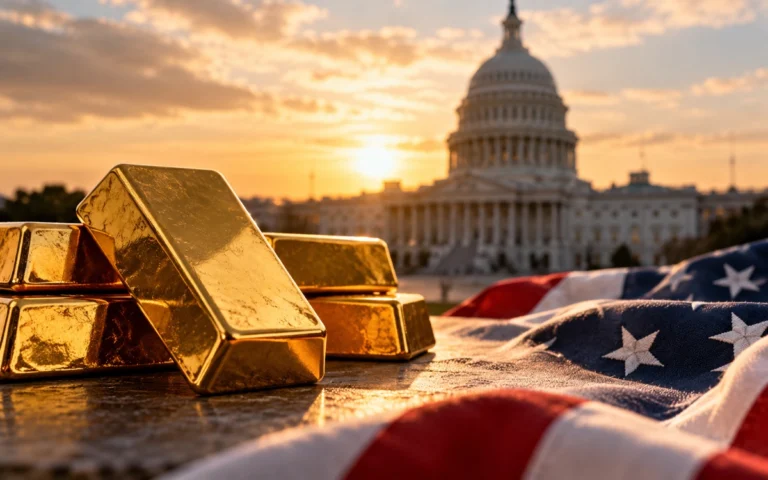 Lingotti d’oro davanti a simboli delle elezioni statunitensi