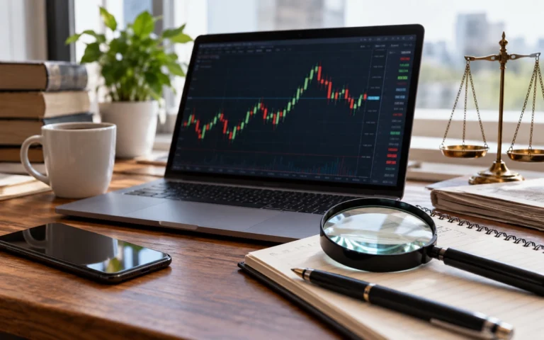Lente, bilancia e grafico finanziario illustrativo