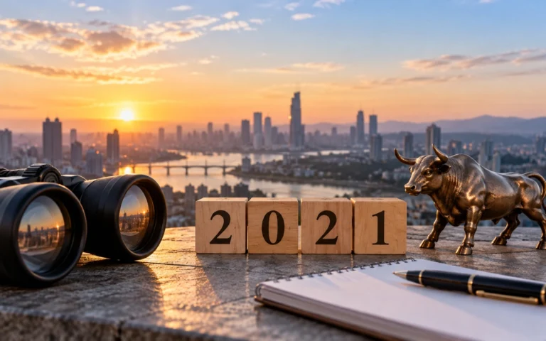 Blocchi con l’anno 2021 e figure di mercato illustrative