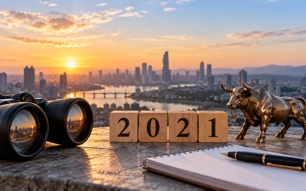 Blocchi con l’anno 2021 e figure di mercato illustrative