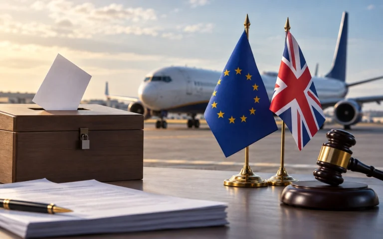 Aereo e urne di voto accanto alle bandiere UE e Regno Unito