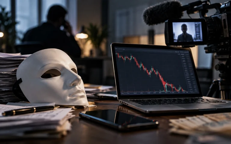 Maschera teatrale e telecamera accanto a un grafico finanziario