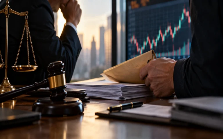 Documenti e bilancia accanto a un grafico finanziario illustrativo