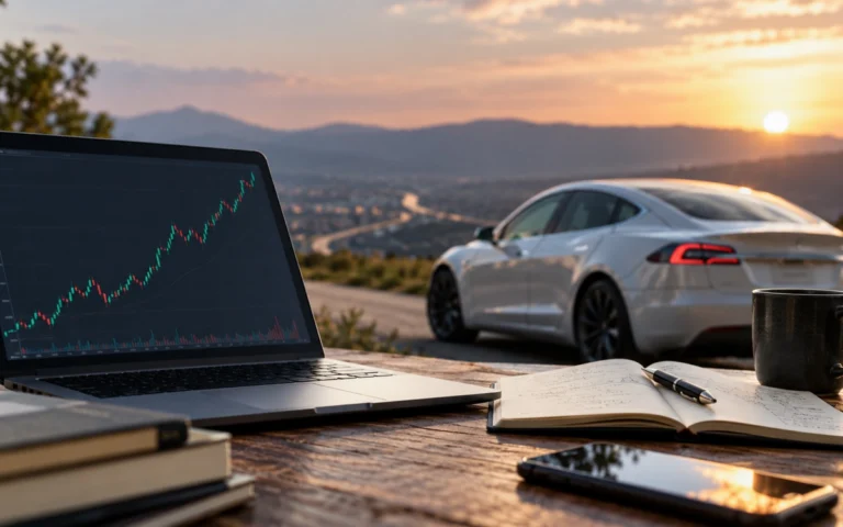 Auto elettrica illustrativa accanto a un grafico azionario