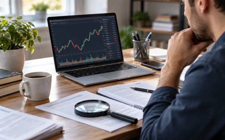 Persona valuta un grafico finanziario illustrativo con una lente