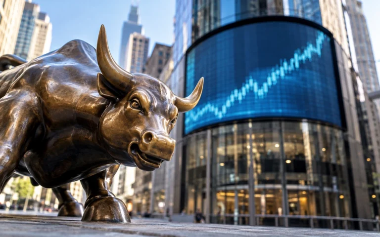 Toro di Wall Street davanti a un grafico azionario illustrativo