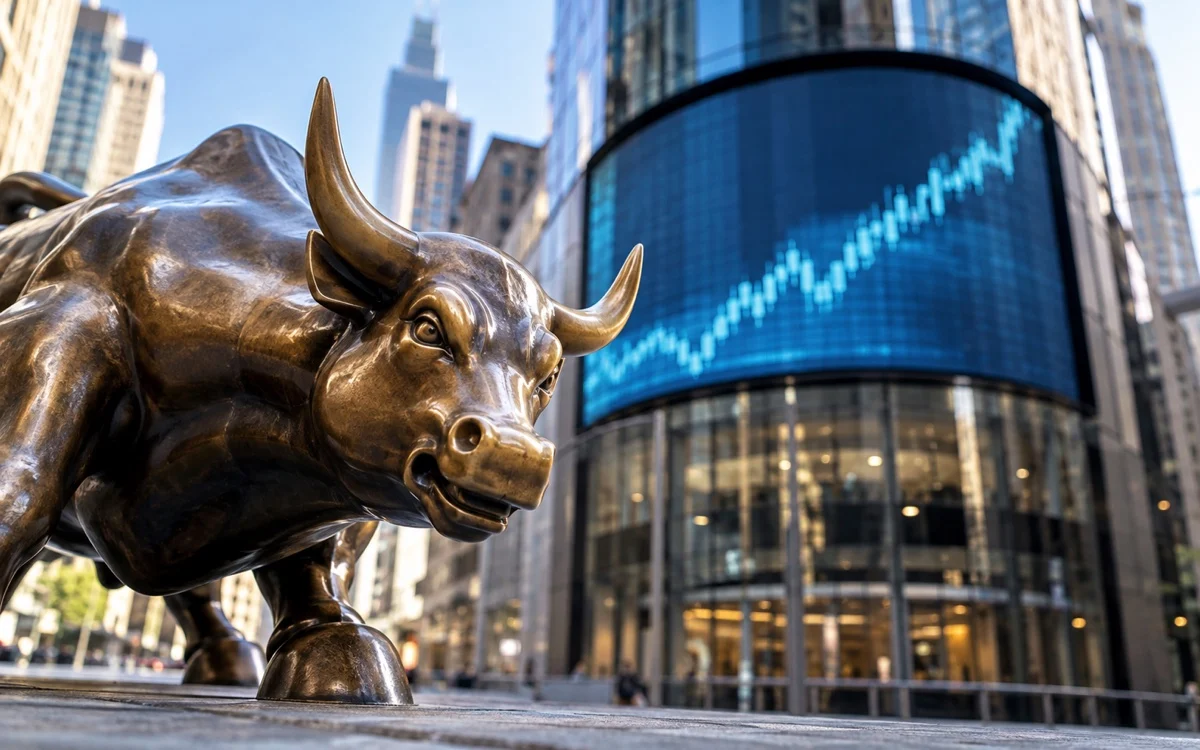 Toro di Wall Street davanti a un grafico azionario illustrativo