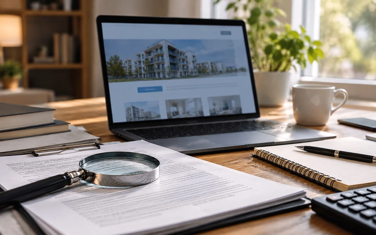 Documenti di investimento immobiliare con lente e computer