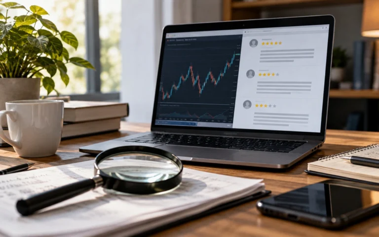 Schermata di recensioni e grafico finanziario illustrativi