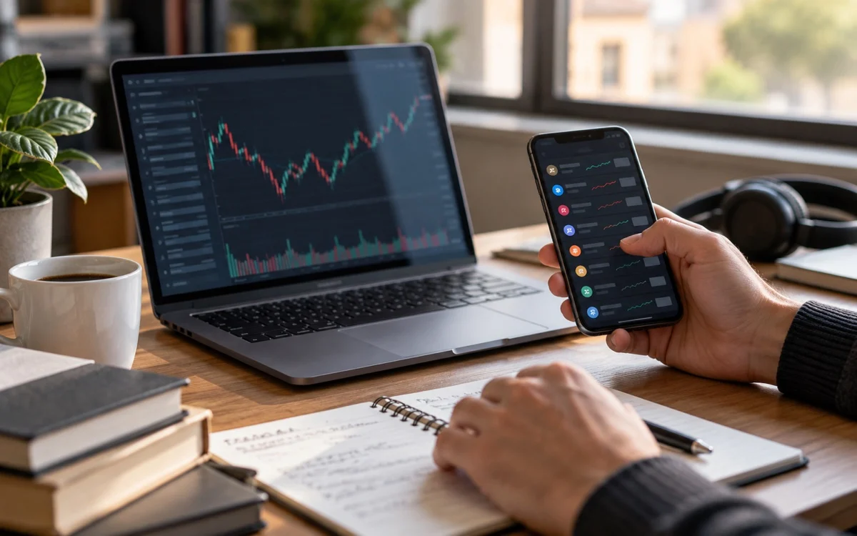 Persona consulta grafici finanziari illustrativi su computer e smartphone