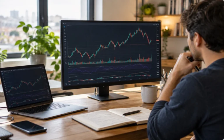 Persona analizza grafici finanziari su più schermi