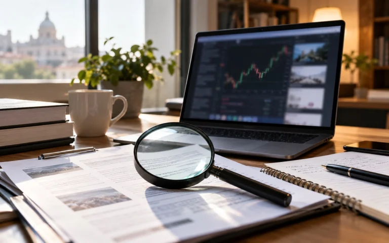 Documenti di investimento sotto una lente accanto a un computer