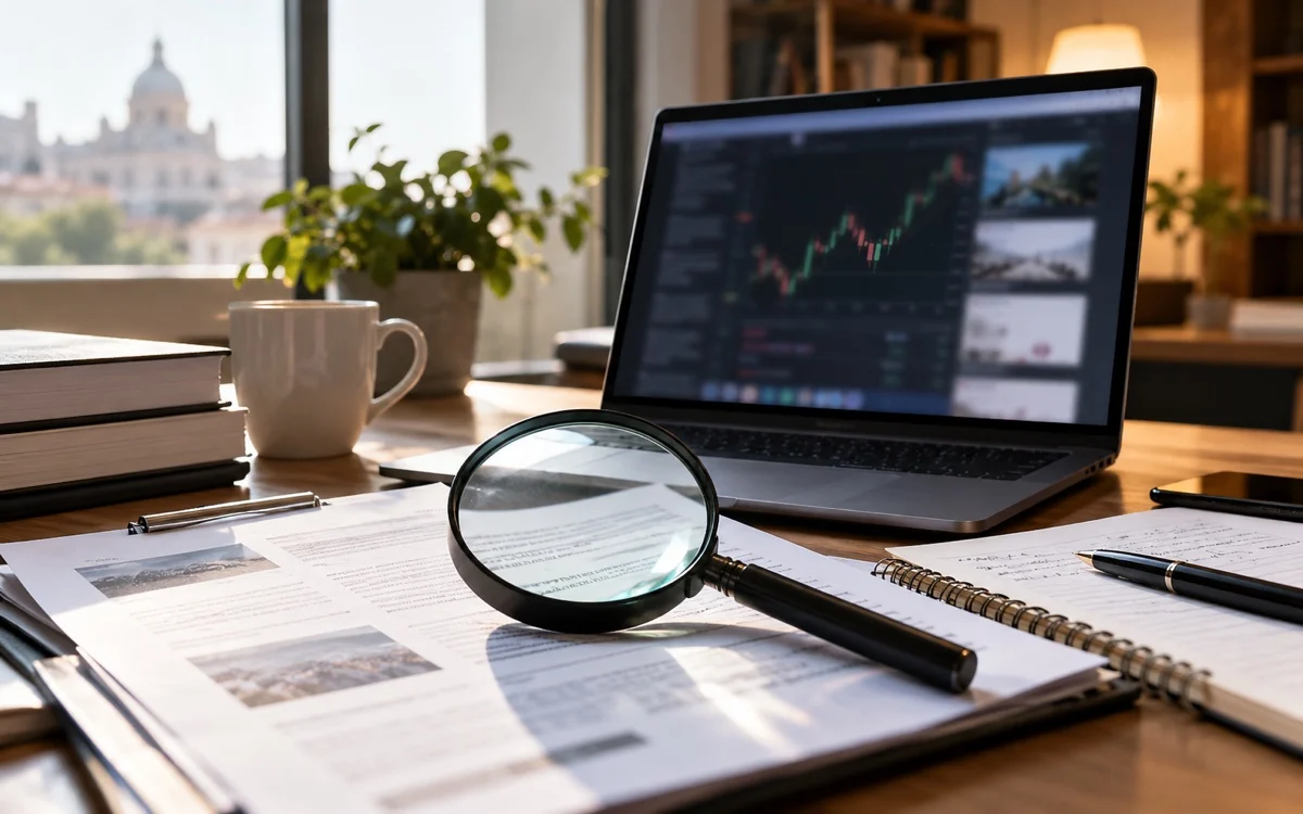 Documenti di investimento sotto una lente accanto a un computer