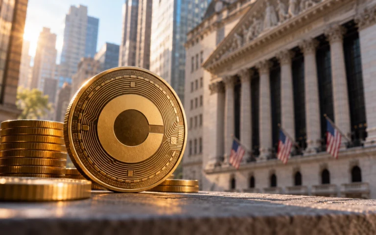 Simbolo di una piattaforma crypto davanti a un edificio di Borsa illustrativo