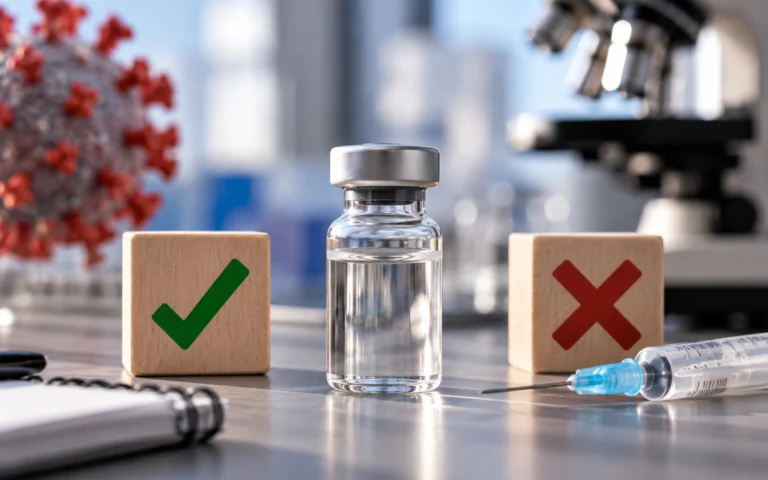 Flacone vaccinale con simboli di valutazione in scena illustrativa