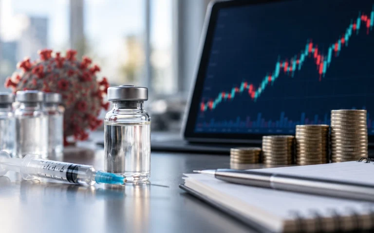 Flaconi farmaceutici e grafico finanziario illustrativo