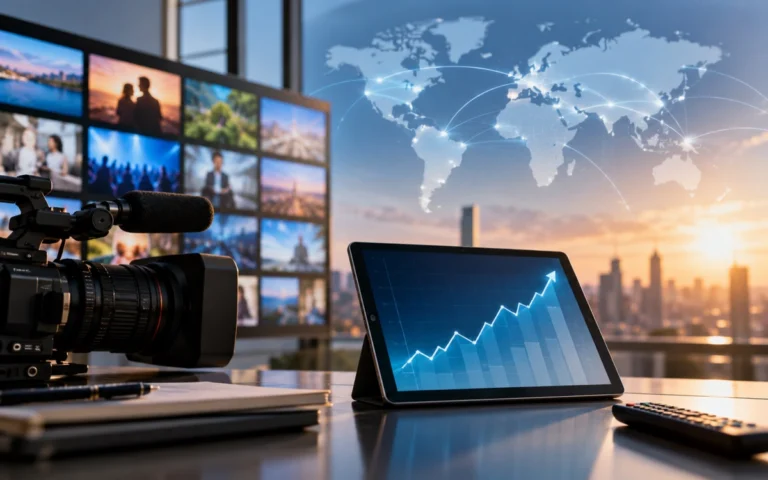 Telecamera, schermi televisivi e grafico finanziario illustrativo