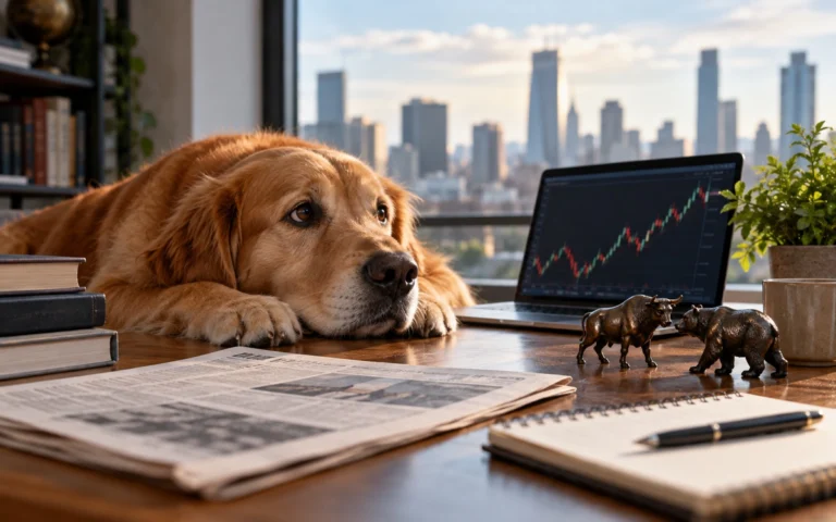 Cane accanto a dati finanziari illustrativi