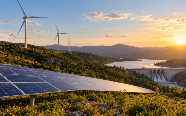 Pannelli solari e turbine eoliche in un paesaggio illustrativo