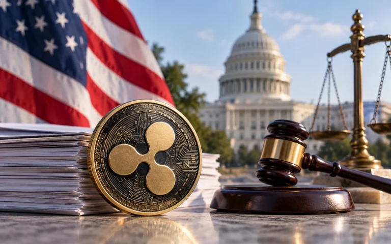 Simbolo Ripple e bilancia davanti al Campidoglio statunitense