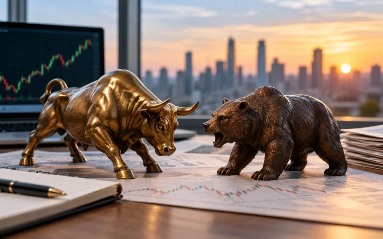 Figure di toro e orso davanti a un grafico finanziario illustrativo