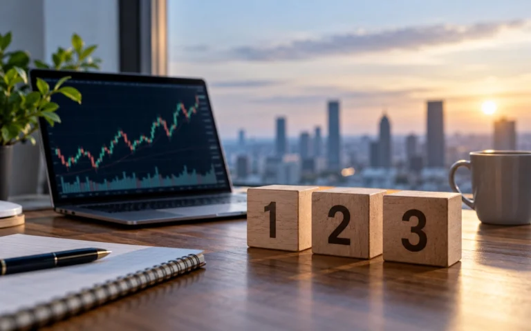 Grafico finanziario illustrativo e tre blocchi numerati
