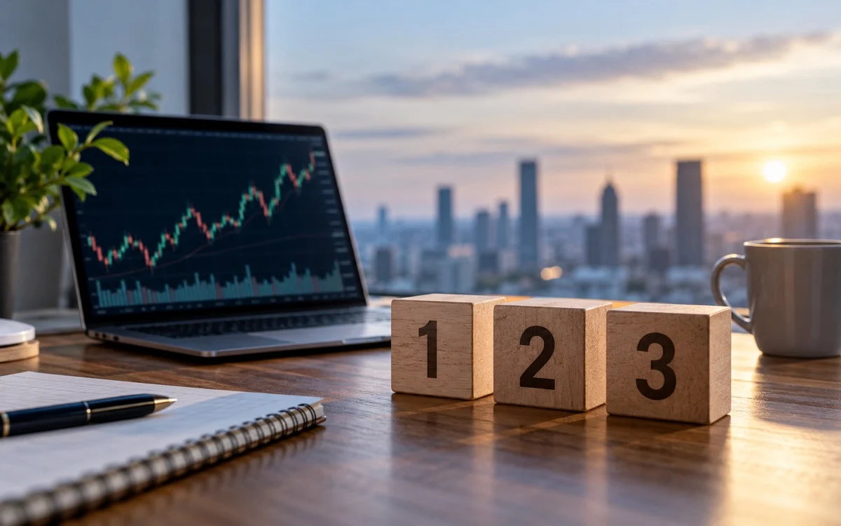 Grafico finanziario illustrativo e tre blocchi numerati
