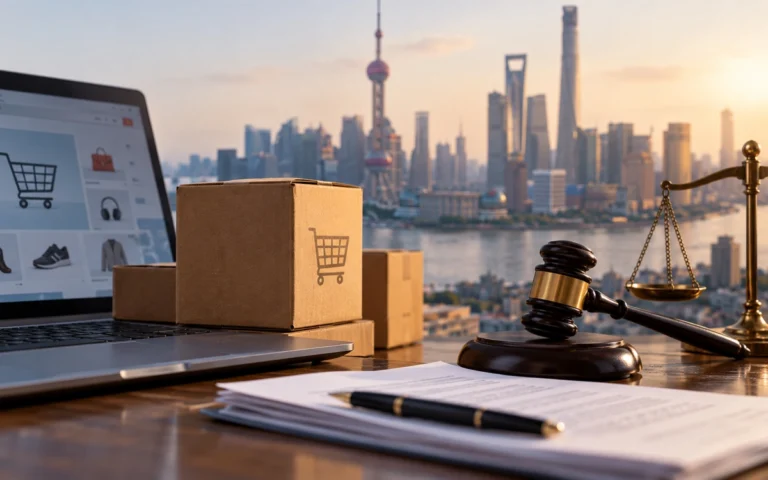 Pacchi e computer per il commercio elettronico davanti a una città