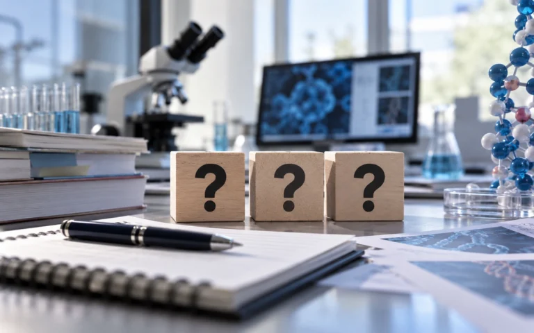 Laboratorio biotech con simboli di verifica su documenti