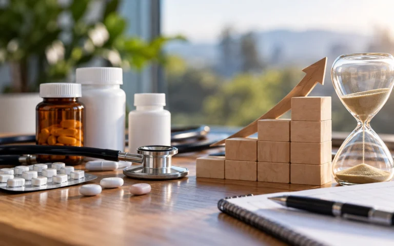 Prodotti farmaceutici e simbolo di crescita illustrativa