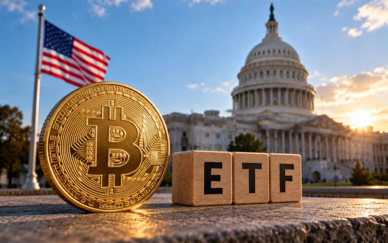 Bitcoin e simbolo ETF davanti al Campidoglio statunitense