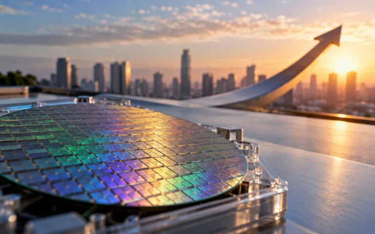 Wafer di semiconduttori e freccia crescente illustrativa