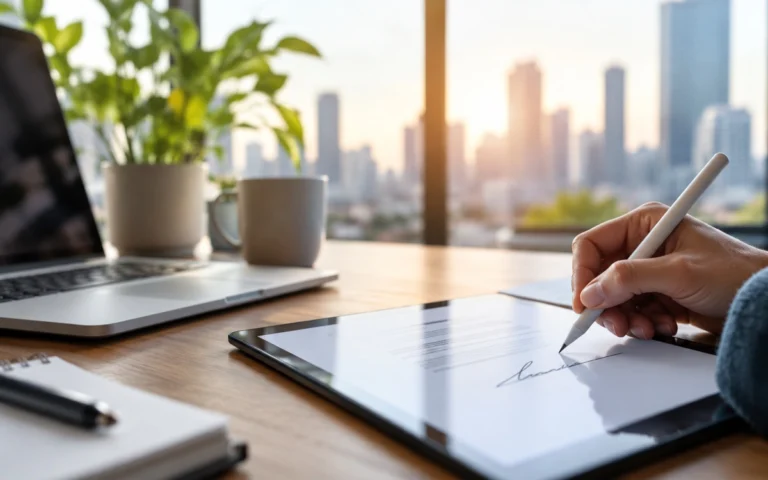 Persona firma un documento elettronico su un tablet