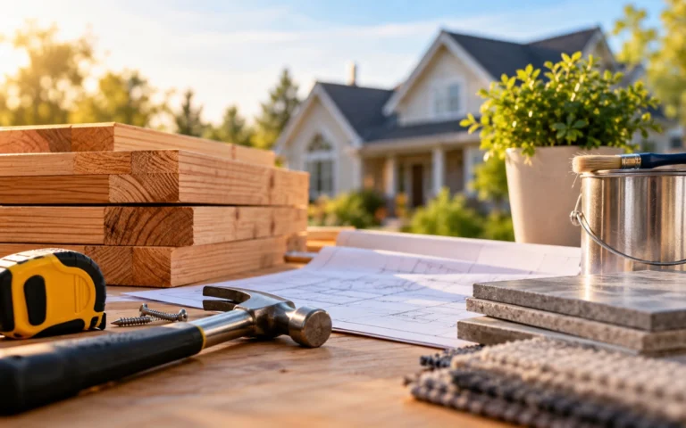 Materiali da costruzione e strumenti davanti a una casa